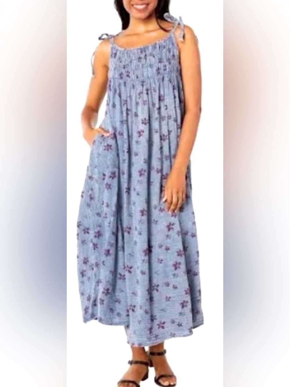 Free People Azure Midi Dress Blue Floral Gauze Tie Strap Pockets XS